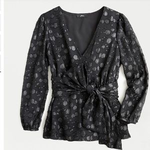 J CREW Tie-waist V-neck top metallic dot jacquard